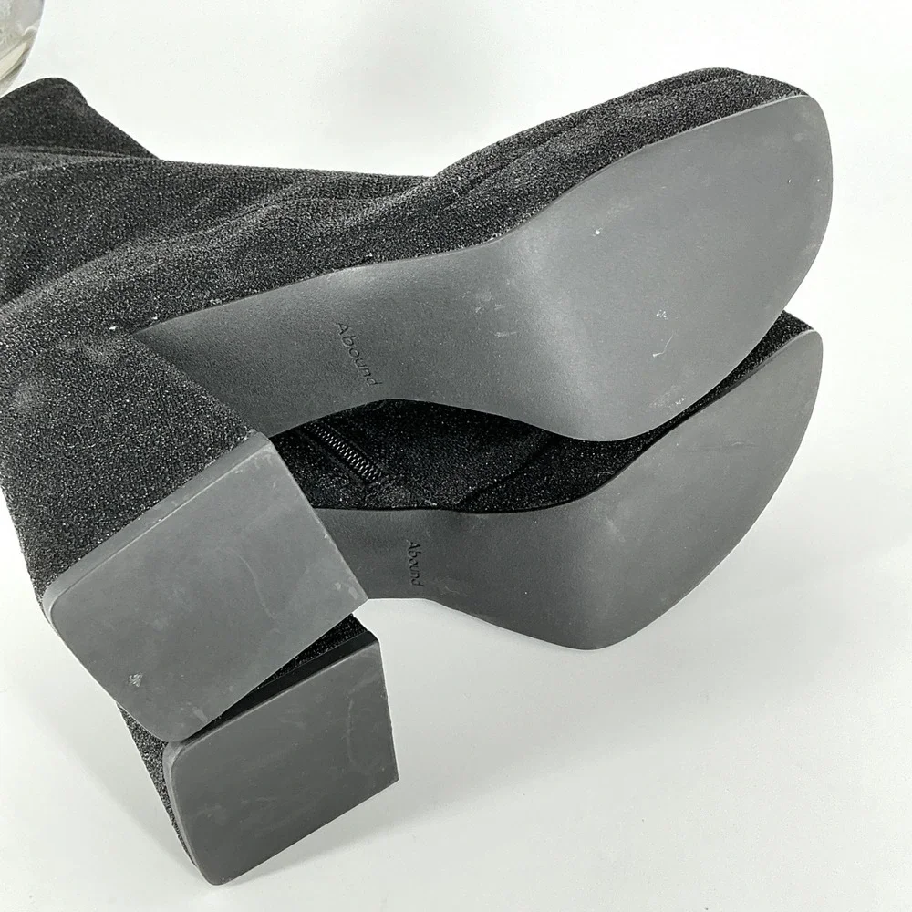Abound Size 9 Black Glitter Platform Block Heel Sock Boots Square Toe